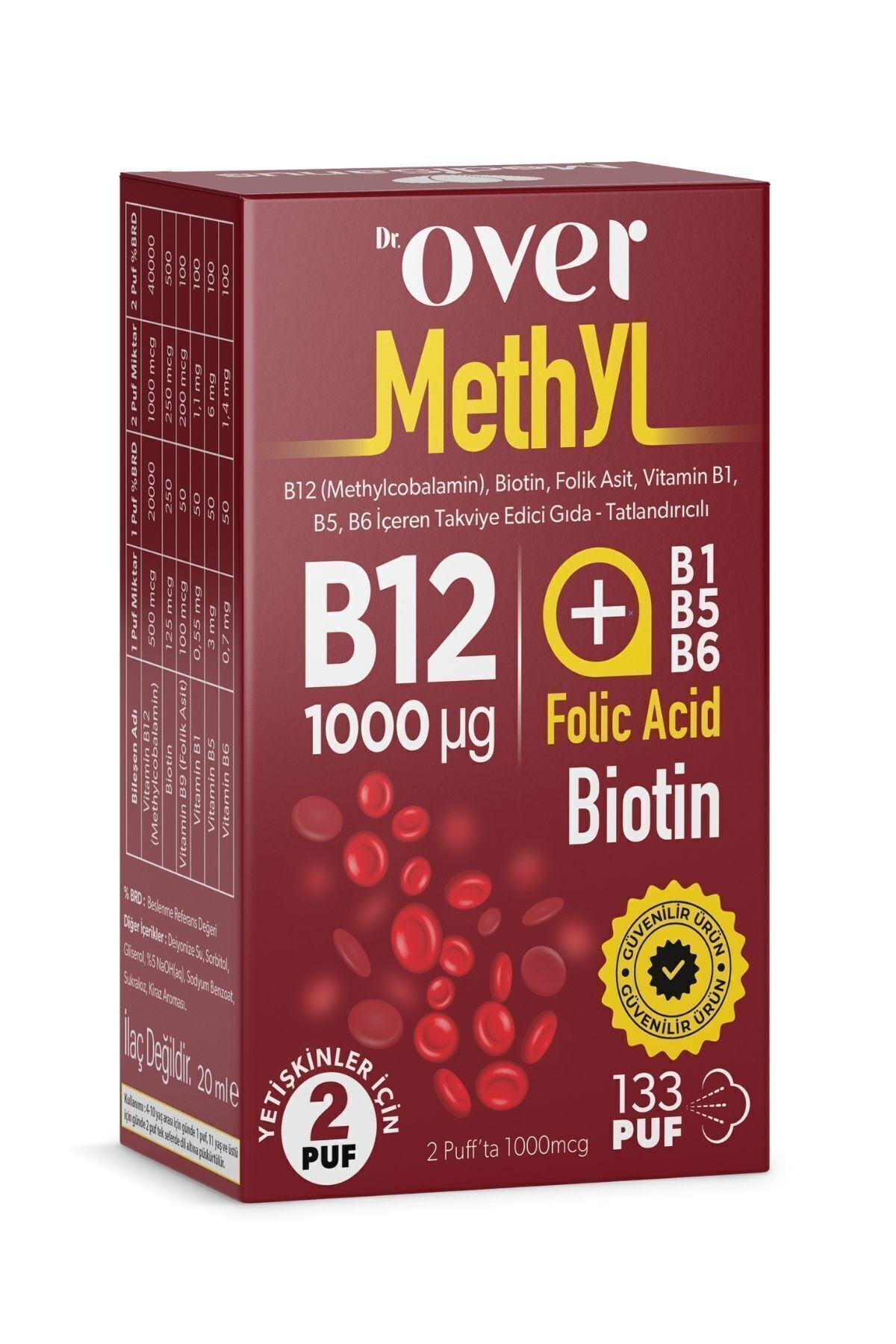 Dr. Over B12 Plus B12 Biotin Folik Asit Vitamin B1 B5 B6 İçeren Takviye Edici Gıda 20 ml