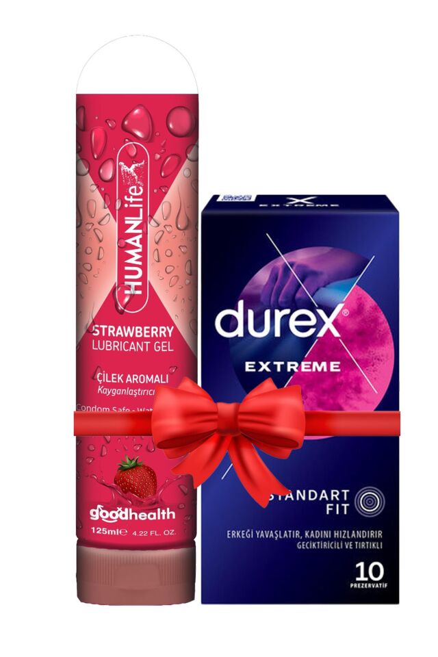Durex Extreme Prezervatif 10'lu + Humanlife Çilek Aromalı Kayganlaştırıcı Jel Lubricant 125 ml