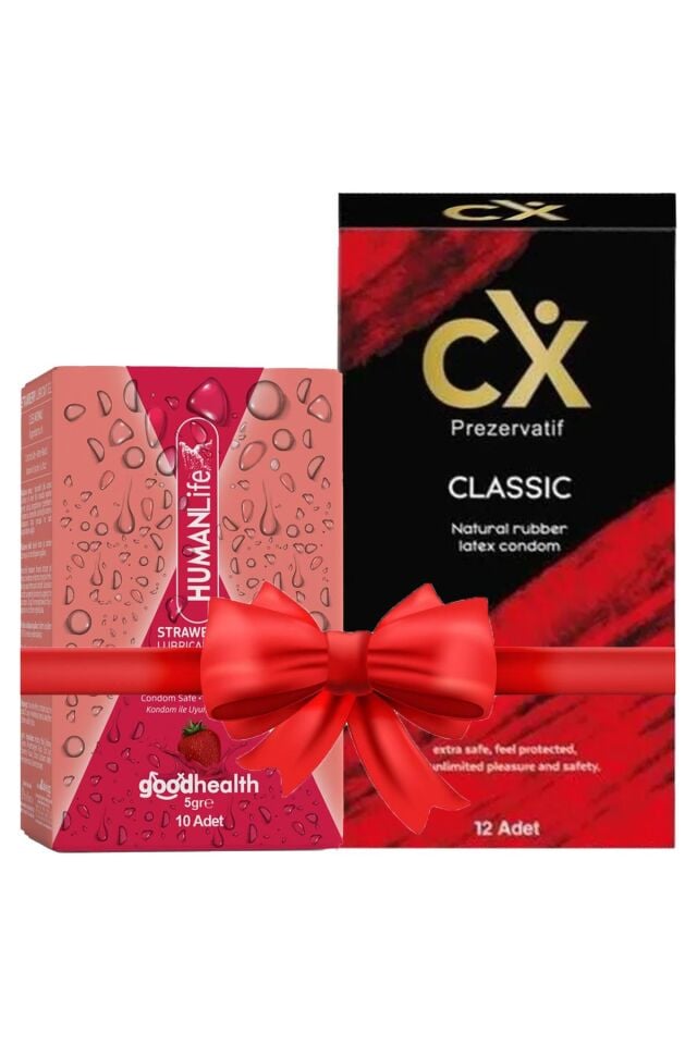 CX Prezervatif Classic 12'li + HumanLife 5 gr X 10 Çilek Aromalı Kayganlaştırıcı Jel Lubricant